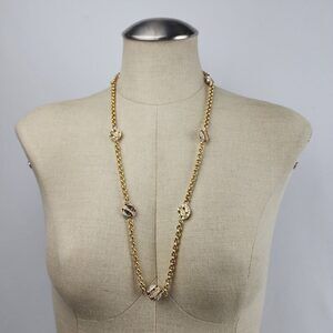 Vintage 80s Gold Tone Chain Crystal Long Necklace & Earring Set